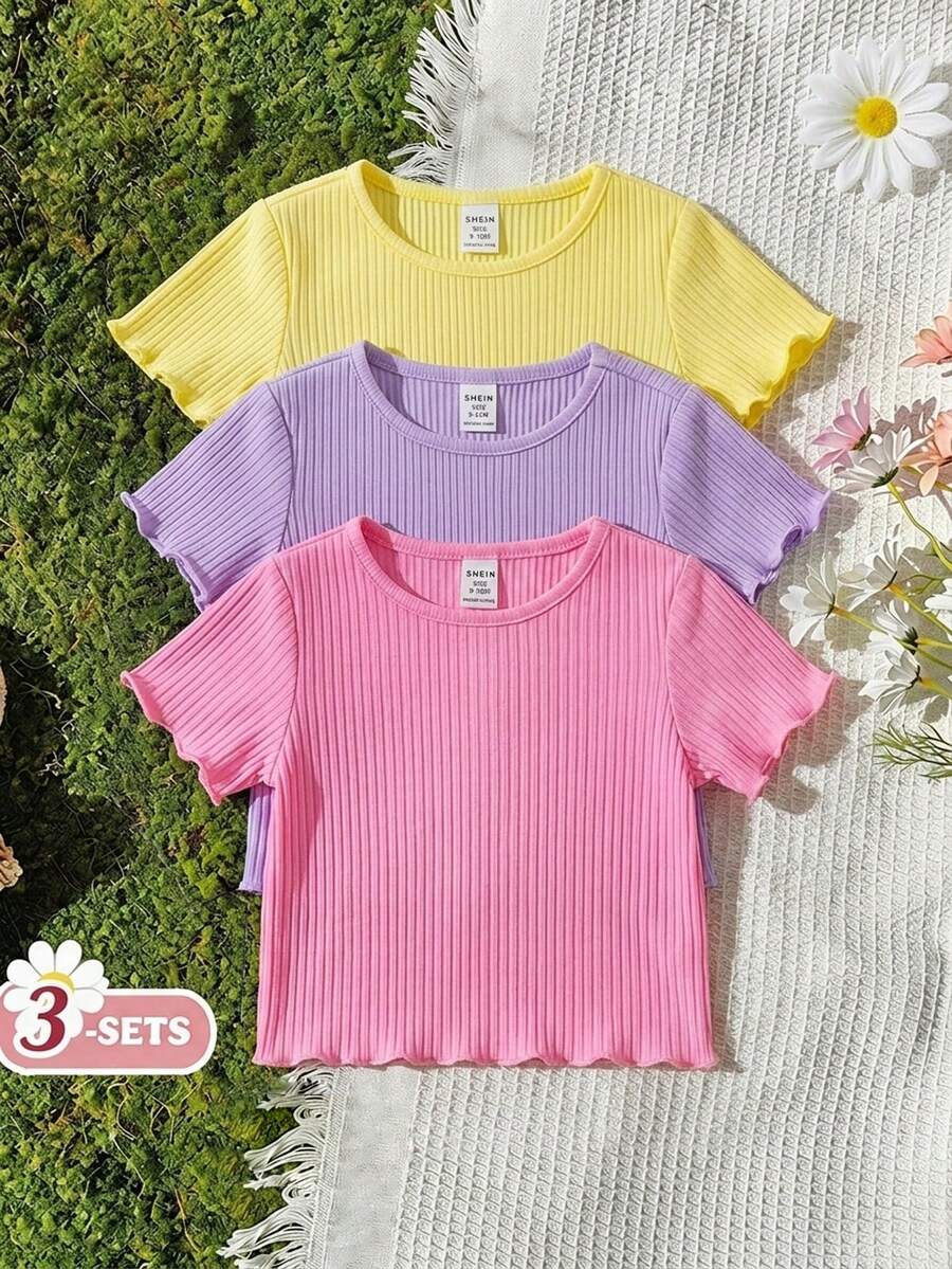 SHEIN Babygirl Cute Casual Solid Color Wavy Hem Short Sleeve Top, Multi-Color, Baby Girl - Multicolor - View 1