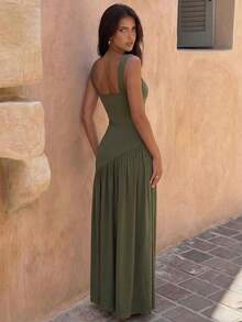 Bonvoyette 时尚女士橄榄绿褶皱吊带连衣裙 - 橄欖綠 - 查看 7