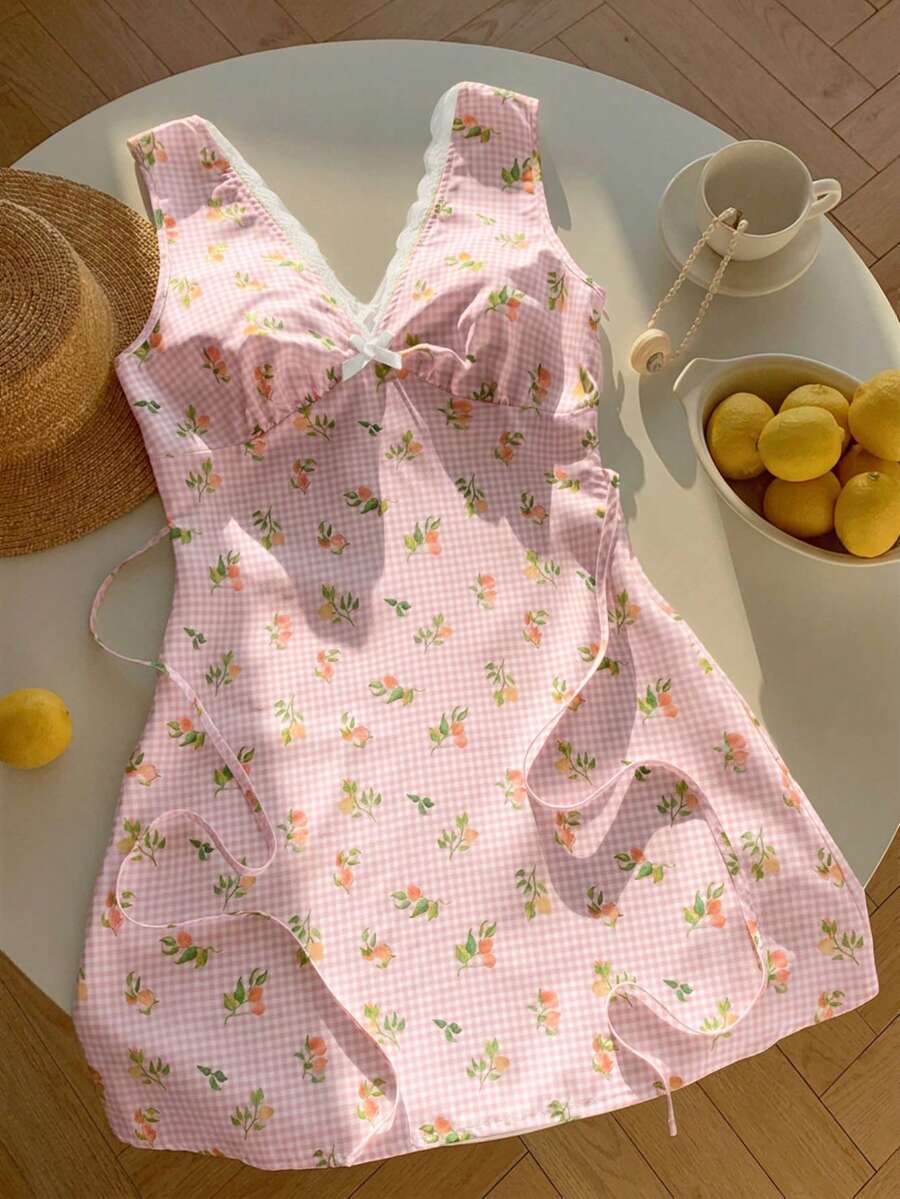 Comfortcana 2026 Nuevo Vestido Corto Floral de Mujer con Cuello en V sin Mangas, Encaje y Lazo para Primavera/Verano, Adecuado para Uso en Verano, También se Puede Usar como Atuendo de Primavera, Vestido para Fiesta de San Valentín, Vestido de Playa, Vestido de Invitada de Boda, Vestido Elegante, Vestido de Vacaciones, Vestido Casual y Vestido Floral con Estilo de los 2000. - Multicolor - Ver 1