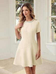 MOTF PREMIUM WOMEN'S FAUX PEARLS BEADED DETAIL SHORT SLEEVE DRESS FOR DATES, SPRING/SUMMER - Apricot - View 6