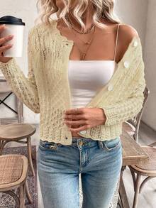 EMERY ROSE Women's Round Neck Hollow Front Button Cardigan, Autumn/Winter Knitted Sweater Jacket - Beige - View 4