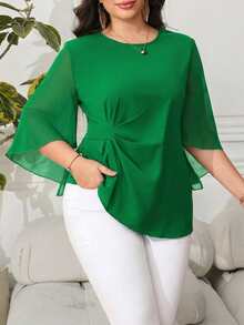 Reflora Plus Size Solid Color Minimalist Casual Round Neck Long Sleeve Shirt - Green - View 1