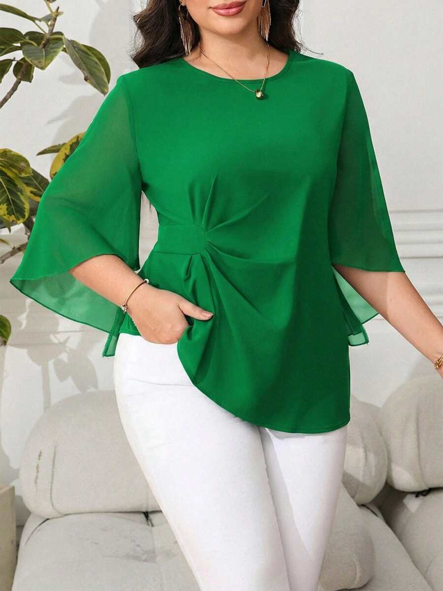 Reflora Plus Size Solid Color Minimalist Casual Round Neck Long Sleeve Shirt - Green - View 1