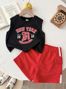 2pcs Baby Boy Black And Red Summer Casual Beach Sports Contrast Color Letter & Graphic Knit Soft Round Neck Pullover Top And Elastic Waist Shorts Set - Multicolor - View 7