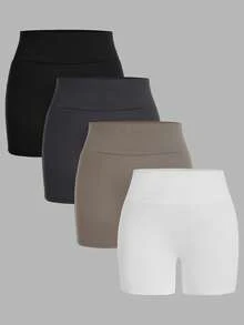 SHEIN EZwear 4件組休閒極簡運動套裝，短版高腰緊身內搭褲適合夏季，大尺碼女款瑜珈褲休閒短褲 - 彩色 - 查看 1