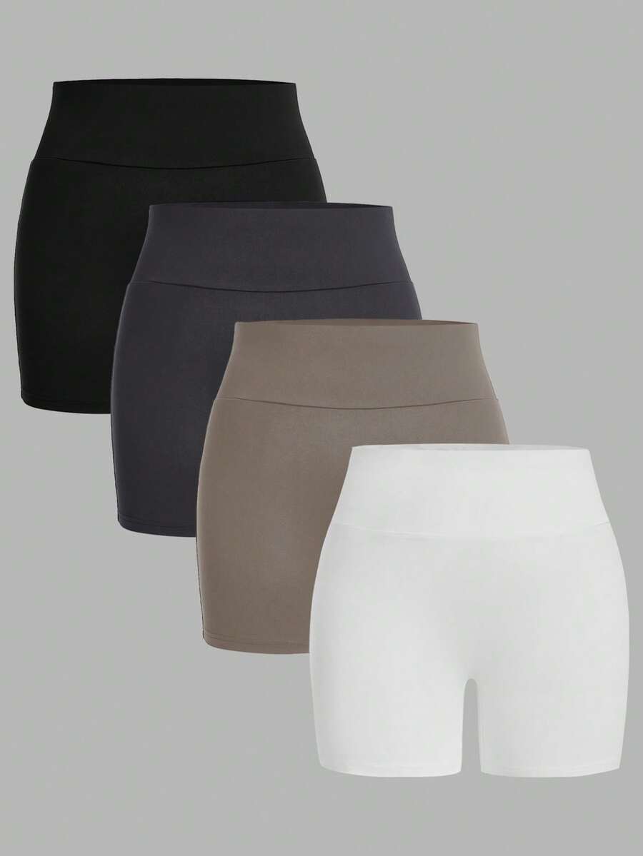 SHEIN EZwear 4件組休閒極簡運動套裝,短版高腰緊身內搭褲適合夏季,大尺碼女款瑜珈褲休閒短褲 - 彩色 - 查看 1