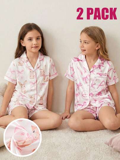 Conjunto de pijama de 4 piezas con top de manga corta y pantalones cortos con estampado de conejo acuarela, de tela tejida, dulce, lindo y elegante para niñas