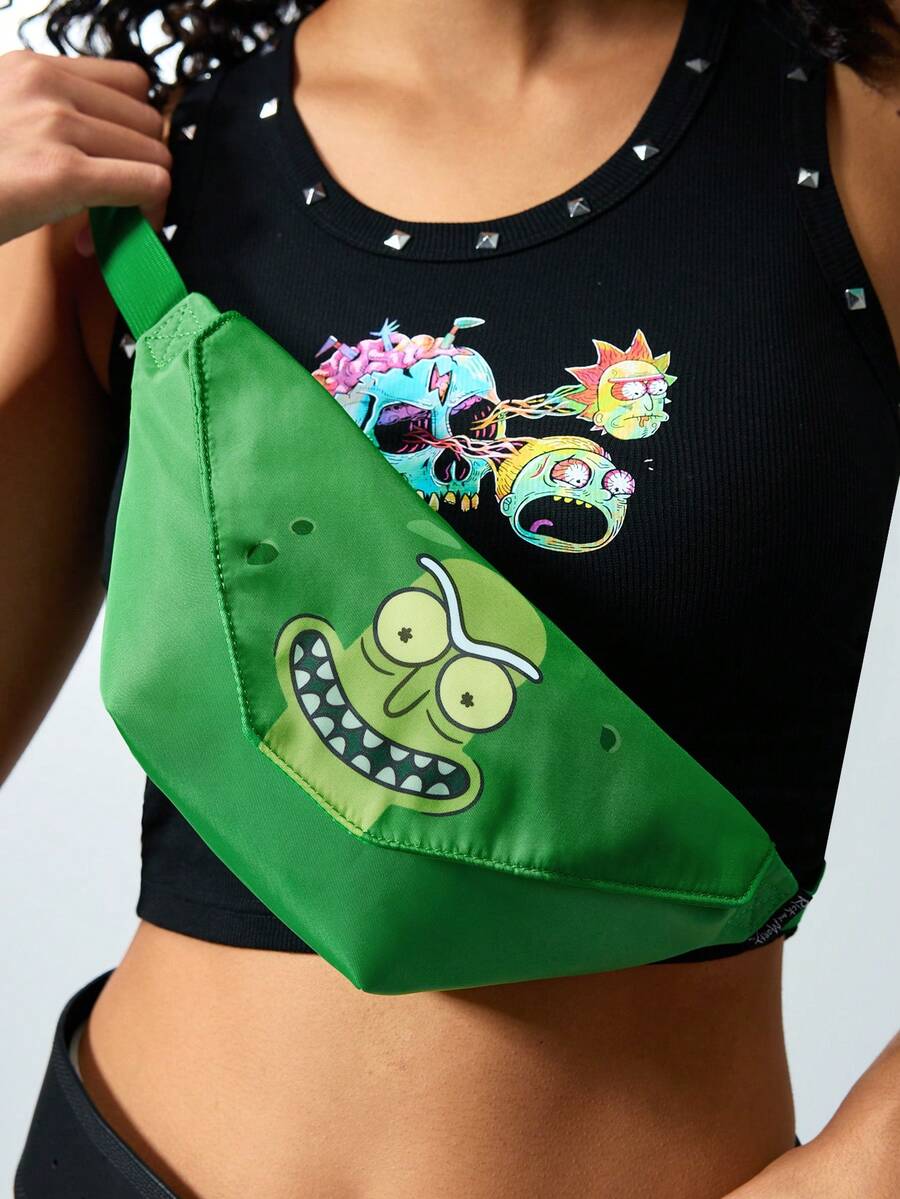 Rick and Morty X SHEIN 1 件卡通图案印花装饰腰包,斜挎包,小包,适合旅行、通勤、外出等,适合学生、男女,Rick,腌黄瓜 - 綠色 - 查看 1