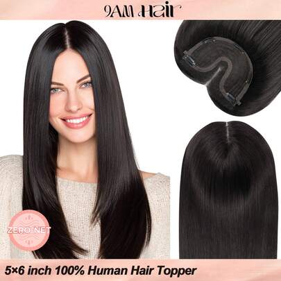 5 x 6 英寸（13 x 15 厘米）女士发片，100% 真人发丝，NC# 自然黑，适合有脱发或稀疏的发质，无刘海，可增加发量，贴合头皮，夹式接发，花朵发夹