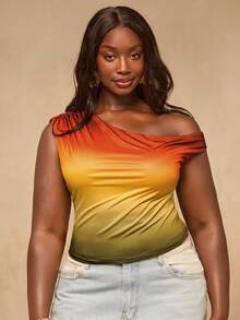 SHEIN BAE Plus Size Women Ombre Oblique Shoulder Regular Graphic T-Shirt,Women's Ombre Print Asymmetrical Shoulder Bodycon Maxi Top, Sexy For Music Festival, Date Night, Vacation - Multicolor - View 5