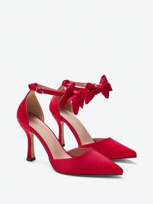 2025秋冬季蝴蝶结装饰踝带高跟鞋，情人节、性感、优雅、派对装扮 - 紅色 - 查看 2