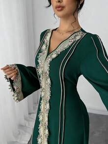 Rafferiza 女士宽松V领荷叶边长袖长袍，土耳其长袍，阿拉伯长袍 - 墨綠色 - 查看 4