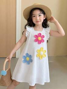 Genkimix Kids 少女无袖夏季连衣裙，方领白色荷叶袖连衣裙，宽松轻盈，自然温柔甜美优雅，适合各种夏季休闲场合，清新可爱。 - 白色 - 查看 10