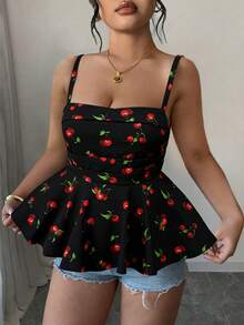 Elenzga Plus Size Woven Printed Summer Women's Halter And Tank Top - Black - View 1