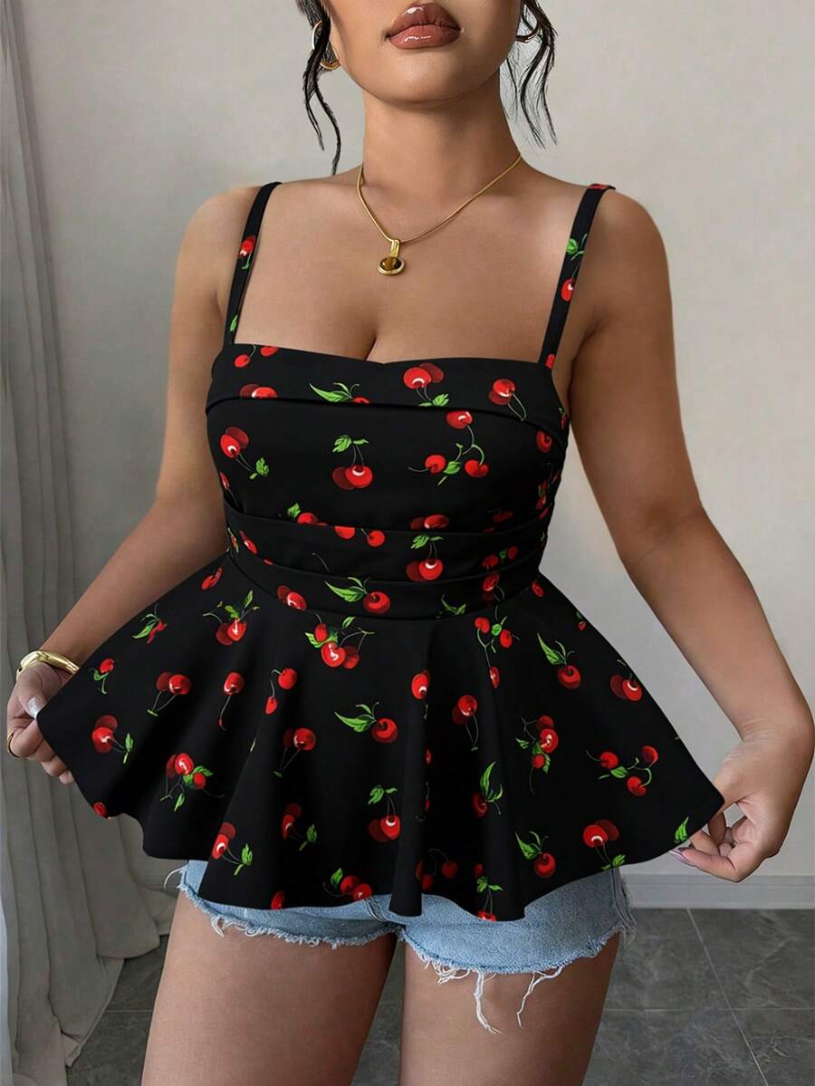 Elenzga Plus Size Woven Printed Summer Women's Halter And Tank Top - Black - View 1