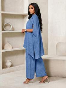 SHEIN Lady طقم ملابس علوية وبنطلون أنيق وعصري للنساء - الأزرق - مشاهدة 3