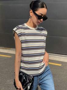 DAZY Áo thun nữ không tay cổ tròn kẻ sọc, vai độn, phong cách Y2K - Màu be - Xem 7