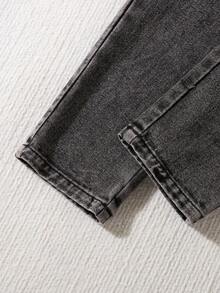SHEIN Vintaside Kids 女童刺绣休闲牛仔裤，秋季优雅风尚 - 灰色 - 查看 6
