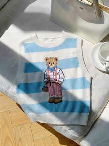 CovetEZ Striped Pattern Cropped Knit Top, Suitable For School Wear - Blue and White - View 5