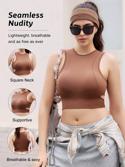 Easithlete Women's Solid Color Minimalist Sleeveless Seamless Sports T-Shirt, Casual Everyday Wear Bundle Clothes For Women Negosyo Tops For Women Summer Cute Sports Bra For Women High Support Gym Tops For Women With Built In Bra Sports Tops For Women