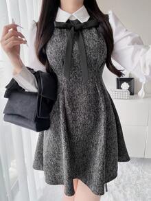 FRIFUL 女士优雅打结领长袖两用收腰短裙，适合春秋季夏季穿着 - 黑色 - 查看 7