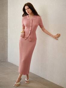 MOTF PREMIUM WOMEN'S BUTTON UP SHORT SLEEVE SWEATER, SPRING/SUMMER - Khaki - View 4