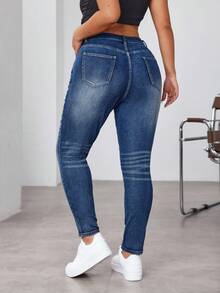 SHEIN EZwear 大码女式高腰口袋修身休闲百搭牛仔裤 - 藍色 - 查看 2