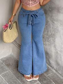 Sunnyshic Plus Size Women High Waist Slim Fit Tie-Waist Flare Leg Jeans - Blue - View 1