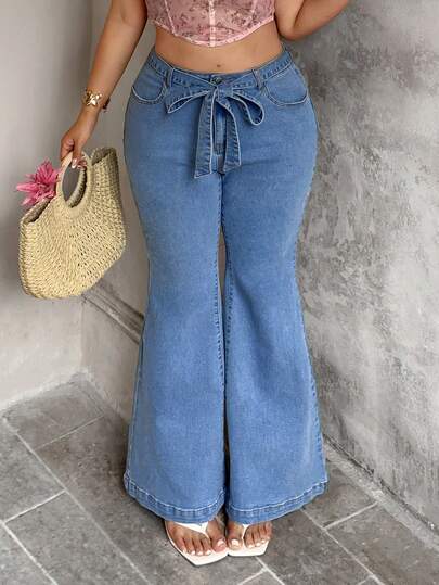 Sunnyshic 大码女式高腰修身系带喇叭裤