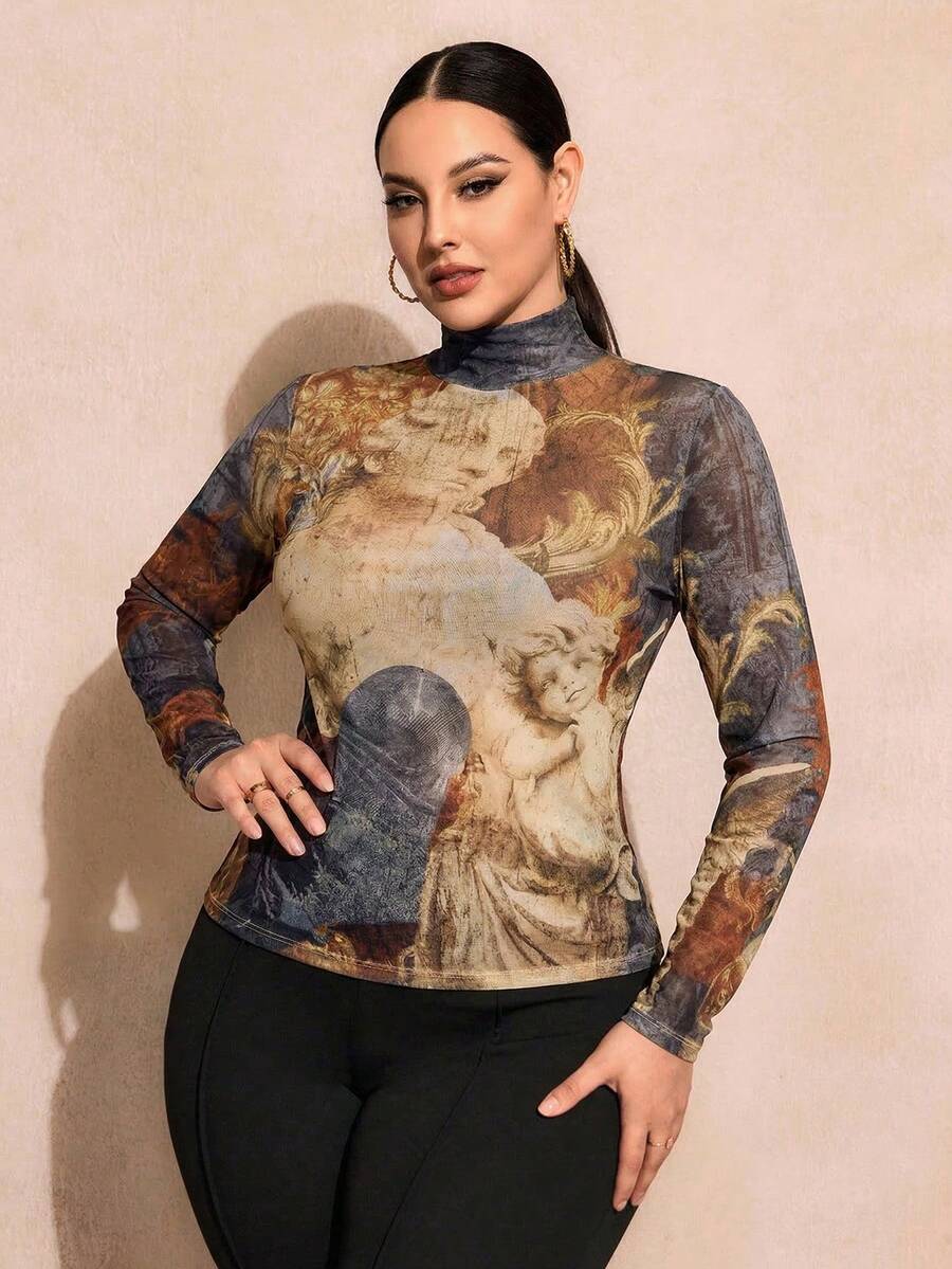 Radiana 大码女式性感休闲时尚油画印花修身透视网纱弹力高领长袖打底T恤，适合街头风、音乐节、派对等场合，不对称上衣，印花上衣，女式长袖上衣 - 彩色 - 查看 1