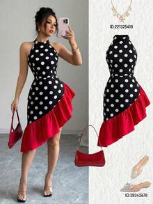 Elenzga 女士无袖不对称下摆优雅性感连衣裙 - 紅色和黑色 - 查看 7