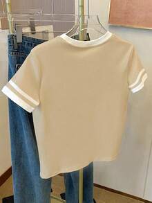 Resyla 女士T恤/独角兽图案印花/刺绣工艺/女士宽松休闲撞色圆领T恤上衣/时尚卫衣/春夏 - 杏色 - 查看 2