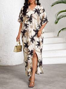 SHEIN Lady Đầm nữ cổ chữ V tay ngắn họa tiết cây cọ, thích hợp cho kỳ nghỉ. - Nhiều màu - Xem 3