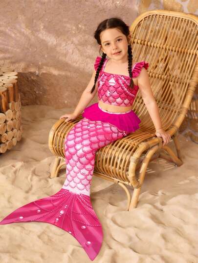 Bộ đồ bơi nàng tiên cá 3 món cho bé gái, họa tiết vảy cá dễ thương, bikini đuôi nàng tiên cá trang trí vỏ sò.