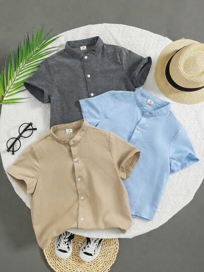SHEIN 3 pièces/set Chemise à manches courtes en lin de style universitaire décontracté pour jeunes garçons, col montant, couleur unie. Chemise d'été simple pour enfants