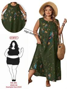SHEIN CURVE+ 大码女式无袖印花连衣裙，夏季、假日、秋季、冬季服装，CURVE PLUS - 橄欖綠 - 查看 3