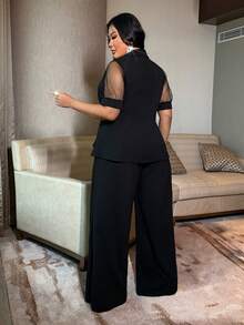 NU&NOW Conjunto plus size preto com blazer ajustado e calça pantalona, ideal para o trabalho ou deslocamento diário. - Preto - Ver 4