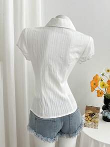 Elamini 女士V领复古蘑菇纽扣提花休闲度假束腰衬衫 女士上衣和衬衫 女士休闲衬衫 夏季女士上衣 夏季女士衬衫 夏季工作衬衫 - 白色 - 查看 2