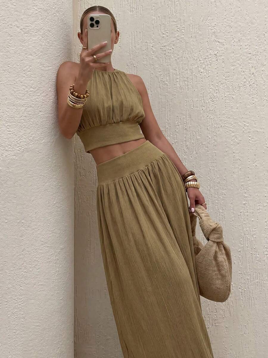 Zivah 春夏新品：音乐节、西部风、游牧风、生日派对、毕业季、学院风、学生装、日常穿搭、基础百搭、休闲优雅、度假、邮轮旅行、海滩、海边、日光浴、网红热单、街头风、婚礼宾客装、波西米亚风、通勤风、早午餐装、机场穿搭。女士两件套连衣裙 - A字型圆领无袖收腰褶皱上衣搭配带口袋的A字裙。