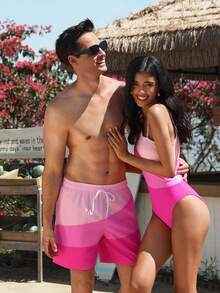 Azuldrift Men's Color Block Drawstring Waist Casual Beach Shorts Swim Trunks Couple Couples Swimsuits Sets Matching Swimwear For Couples - Hot Pink - View 4