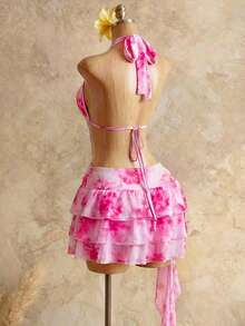 Mistrie 女士印花深V领荷叶边下摆度假迷你连衣裙 - 粉色 - 查看 6