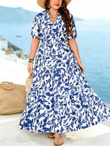 SHEIN Holidaya Đầm nữ cỡ lớn cổ chữ V tay ngắn, thắt eo, cài cúc phía trước, họa tiết lá cây, kiểu dáng thường ngày, thích hợp cho kỳ nghỉ. - Màu xanh lam - Xem 6