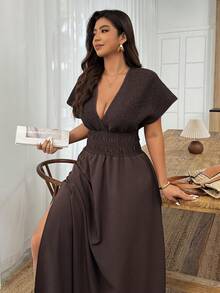 Weeklong Plus Size Women Shirred Sleeveless Drawstring Waist A-Line Casual Dress, Spring/Summer - Coffee Brown - View 3