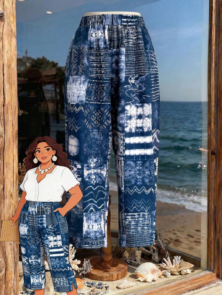 Plus Size Patchwork Print Casual Pants\Summer\Vacation Summer Outfits Summer Clothes  Spring  Spring Outfit Women Spring Clothes Country Style For Women Beach Outfits For Women  Beach Vacation Outfits For Women Seaside Retro Mannequin Window Display