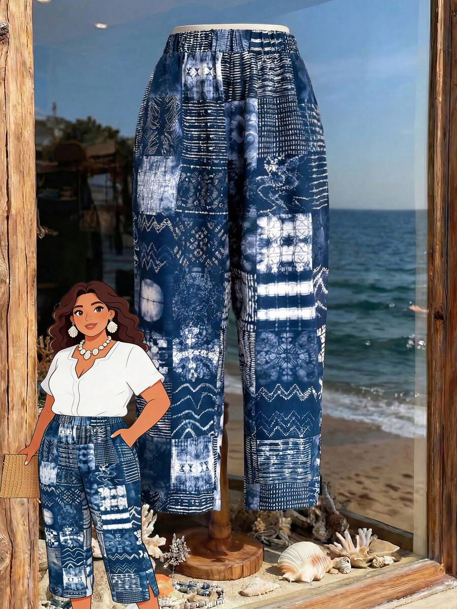 Rusticease Plus Size Patchwork Print Casual Pants\Summer\Vacation Summer Outfits Summer Clothes Spring Spring Outfit Women Spring Clothes Country Style For Women Beach Outfits For Women Beach Vacation Outfits For Women Seaside Retro Mannequin Window Display - Multicolor - View 1