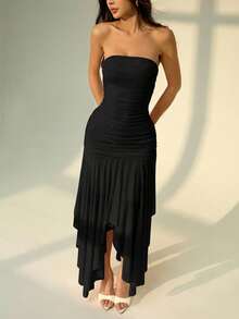 SHEIN PETITE Đầm cúp ngực xếp ly bất đối xứng dành cho nữ, thích hợp cho các buổi hẹn hò và mùa cưới, đầm hè cho nữ. - màu đen - Xem 7