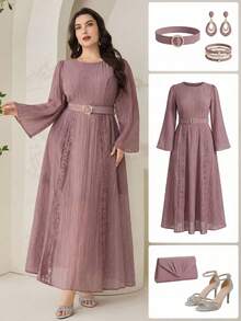 Veilorie Plus Size Women's Solid Color Round Neck Long Sleeve Contrast Lace Elegant Arabic Style Dress - Dusty Pink - View 2