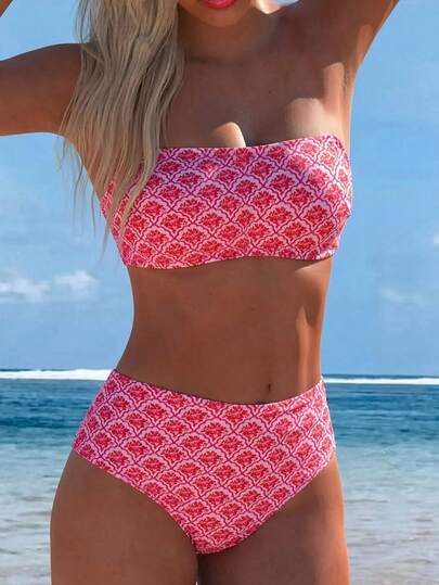 Swim Vcay Bộ bikini hai mảnh cạp cao in họa tiết ngẫu nhiên dành cho nữ, thích hợp cho mùa hè.