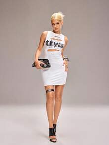 Y2Kool Ronald Lubega 休闲性感都市现代简约Y2K亚文化时尚女式印花镂空迷你连衣裙，适合音乐节、日常、度假、约会、派对、新年、情人节、春夏等场合。 - 白色 - 查看 5