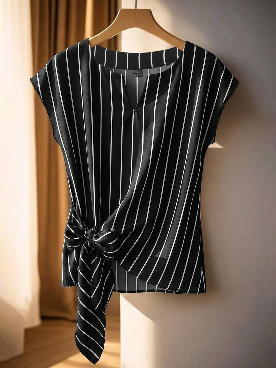 Franclia Women's All-Over Print V-Neck Front Tie Casual Short Sleeve Shirt - Black and White - View 1